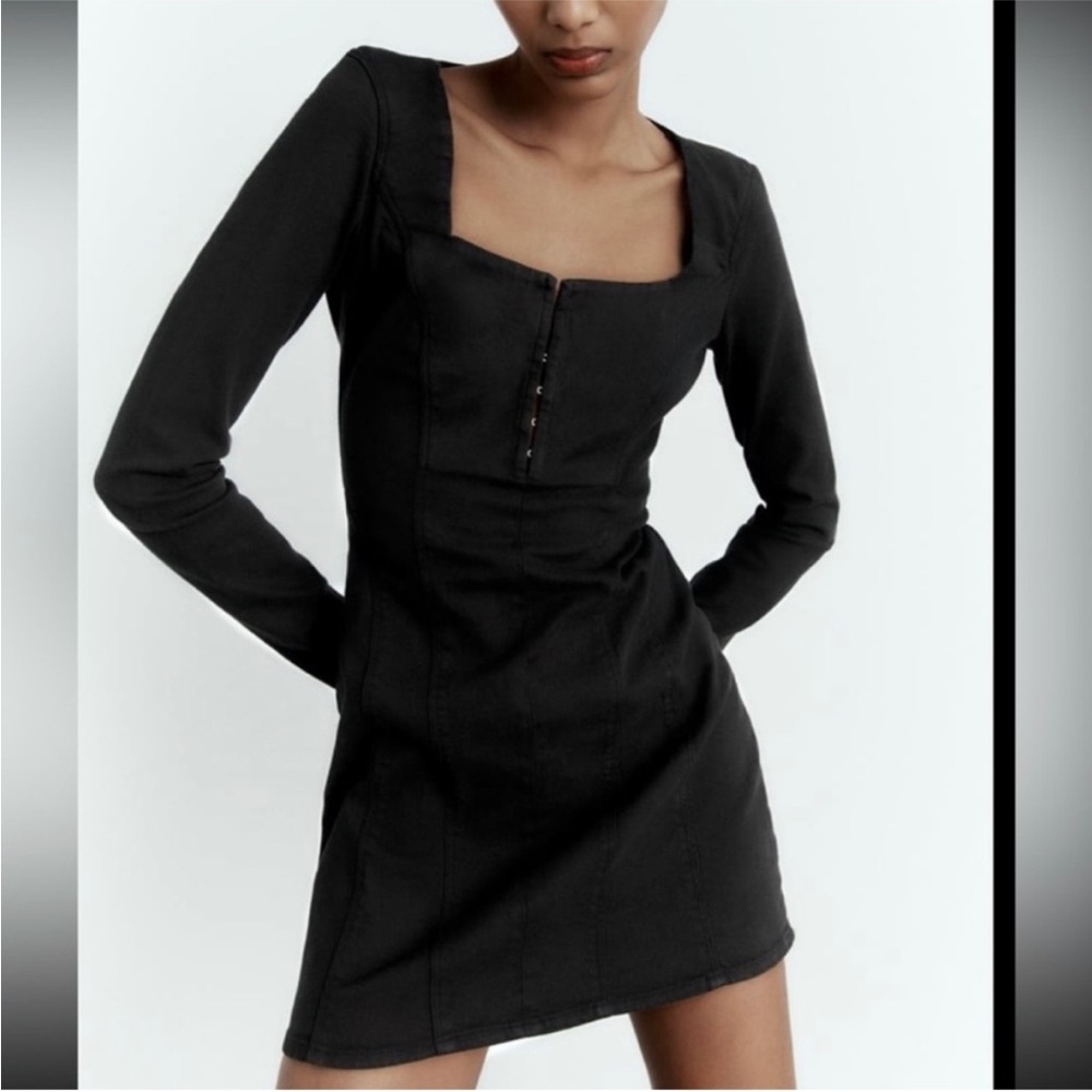 Zara NWT Square Neck Denim Mini Dress in Black Long Sleeve